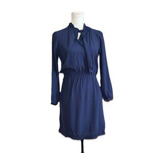 Asos Dress Bow Keyhole Neck Elastic Waist Size 4 Long Sleeve Blue Fit & Flare